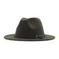 Olivgrüner Woll Fedora Hut mit schwarzem Ledergürtel und Metall Schnalle, elegante Damen Jazz Kappe. - Armeegrün