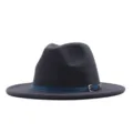 Dunkelgrauer Fedora Wollhut Mit Breiter Krempe Und Blauem Gürtel Retro Jazz Hut Neu - M (56-58cm) / Dunkelgrau