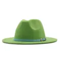 Gruener breiter Wollfilz Fedora Hut mit hellblauem Guertel vintage Jazz Panama Hut - M (56-58cm) / Grasgrün (Blauer Gürtel)