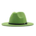 Grüner Wollfilz-Fedora-Hut mit breiter Krempe für Damen und Herren, klassischer Jazzhut mit Gürtel. - M (56-58cm) / Grasgrün (Schwarzer Gürtel)