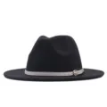 Klassischer schwarzer Wollfilzhut mit grauem Gürtel breite Krempe Vintage Jazzhut für den Winter - M (56-58cm) / Schwarz (Weißer Gürtel)