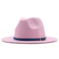 Rosa Wollfilz Fedora Hut Damen Herren, Vintage Breitrand Jazz Hut mit blauem Gürtel Herbst Winter. - M (56-58cm) / Rosa (Navyblauer Gürtel)