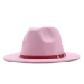 Rosa Wolle Fedora Hut mit rotem Gürtel, elegante Retro Herbst Winter Panama Hut Damen - M (56-58cm) / Rosa (Roter Gürtel)