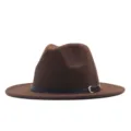 Brauner Wollfilz Fedora Hut mit schwarzem Gürtel und Schnalle Vintage Jazz Hut - M (56-58cm) / Kaffeebraun (Schwarzer Gürtel)