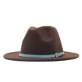 Brauner Wollfilz Fedora Hut mit hellblauem Gürtel und Schnalle fuer Herbst Winter - M (56-58cm) / Kaffeebraun (Blauer Gürtel)