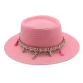 Rosa Strohhut mit flacher Krone gewebter Quastenband Strand Sonnenhut Sommerurlaub Stil - M (56-58cm) / Dunkle Hautfarbe Rot