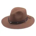 Schicker brauner Strohhut für Damen mit Ledergurt und coolem Stierschädel Detail für Sommer. - M (56-58cm) / Kaffeebraun