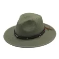 Grüner Damen Strohhut Fedora Sommer Sonnenhut mit Lederband und Metall Dekor Retro. - M (56-58cm) / Olivgrün