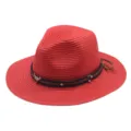 Roter Strohhut Fedora Damen Sommer Sonnenschutz Vintage Panama Hut mit Lederband - M (56-58cm) / Rot