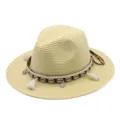 Sommer Strohhut Fedora für Damen Herren, Vintage Western Strand Sonnenhut mit Muscheln und Quasten. - M (56-58cm) / Beige