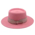 Pink flat top straw hat for women summer beach sun protection boater hat with leather belt. - M (56-58cm) / Dark Skin Red