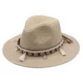Beiger Strohhut mit Muschel-Quasten-Anhänger, Sommer Strand Sonnenhut, Retro Fedora Variante. - M (56-58cm) / Beige