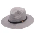 Grauer Strohhut für Damen und Herren, Sommer Strand Sonnenschutz Fedora Hut mit schwarzem Gurt. - M (56-58cm) / Grau
