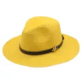 Gelber Strohhut Sommer Strand Sonnenschutz Fedora Hut mit schwarzem PU Guertel und M Buchstaben - M (56-58cm) / Gelb