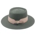 Dark grey flat top straw hat for women, featuring a pink leather belt and stylish buckle for summer. - M (56-58cm) / Dark Green