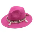 Rosa Strohhut mit Muschel Quasten Band Sommer Sonnenschutz Fedora Strandurlaub Hut für Damen - M (56-58cm) / Fuchsia
