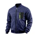 Mens navy blue knit bomber jacket featuring front zipper and chest pocket detail view. - M / Tops / Sapphire Blue