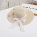 Korean style summer women sun hat large brim ribbon straw hat beach hat outdoor vacation - M (56-58cm) / Beige