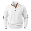 Weißes Herren Langarm-Strukturshirt mit Stehkragen, braunen Patches und Viertelknopfleiste. - S / Oberteile / Weiß
