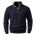 Men's mock neck long sleeve sweater textured jacquard fabric brown elbow patch detail - Navy Blue