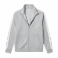 Grey zip-up jacket detail view, high collar, front zipper, and stylish white sleeve side stripes. - Light Gray