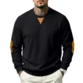 Men long sleeve ribbed knit sweater with contrast faux leather elbow and collar patch details. - S / Tops / Black