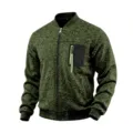 Detail view of men's knit bomber jacket featuring zip chest pocket and ribbed cuffs for fall. - M / Tops / Army Green