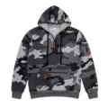 Grauer Tarn-Fleece-Hoodie für Herren im Detail, mit praktischen Taschen und halbem Reißverschluss. - M / Oberteile / Graues Camouflage