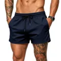 Men's breathable athletic mesh shorts detail, featuring adjustable drawstring and side pockets. - S / Navy Blue