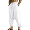 Detail view of mens casual linen harem pants drawstring waist cuffed ankles breathable fabric. - M / White