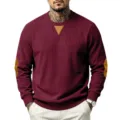 Men's retro crewneck sweatshirt long sleeve vintage style with elbow leather patches. - S / Tops / Burgundy