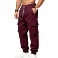 Pantaloni della Tuta Cargo Borgogna Uomo Casual e Largo con Tasche e Coulisse Regolabile - Borgogna