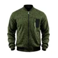 Men's green knit bomber jacket detail, featuring front zipper closure and secure chest pocket. - M / Army Green