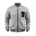 Grey knit bomber jacket detail showing neon green zip chest pocket and ribbed cuffs. - M / Light Gray