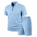Detailed view of the light blue men jacquard texture polo shirt and matching shorts set. - Light Blue