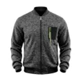 Grey knit bomber jacket detail showing neon green zippered chest pocket and ribbed hem. - M / Dark Gray