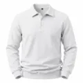 Close-up view of the white waffle knit long sleeve polo shirt texture and collar design. - White