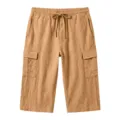 Detail van heren linnen korte cargo broek, voorzien van elastische taille met trekkoord en zakken. - Aardgeel