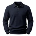 Men's casual long sleeve waffle knit polo shirt in dark navy blue with button closure. - Navy Blue