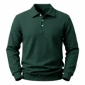 Men's dark green waffle knit long sleeve polo sweatshirt, casual daily wear top shirt. - Dark Green