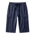 Gedetailleerd overzicht van casual linnen cargoshorts voor heren met elastische taille. - Marineblauw