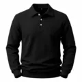 Detailed view of the black waffle knit long sleeve polo shirt, casual textured pullover. - Black