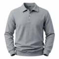 Close-up view of the grey waffle knit fabric and lapel collar details of the mens polo shirt. - XL / Tops / Gray