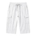 Detailopname van witte linnen cargoshort voor heren met elastische taille met trekkoord en zakken. - Wit