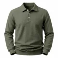 Waffle knit texture detail of men's long sleeve polo sweatshirt in solid army green color. - S / Tops / Army Green