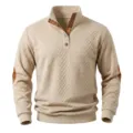 Mens stand collar quarter button textured long sleeve pullover casual knitwear top - Khaki