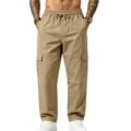 Detailaufnahme von Herren Khaki Cargohosen mit praktischen Seitentaschen und Kordelzug. - Khaki