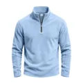 Men's casual light blue quarter-zip fleece pullover, comfortable stand collar long sleeve top. - S / Tops / Light Blue