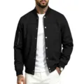 Detailed view of men's black suede bomber jacket featuring metallic snap buttons and sleeve pocket. - S / Tops / Black