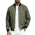 Men's suede bomber jacket detail showcasing military green fabric, snap buttons and sleeve pocket. - S / Tops / Army Green